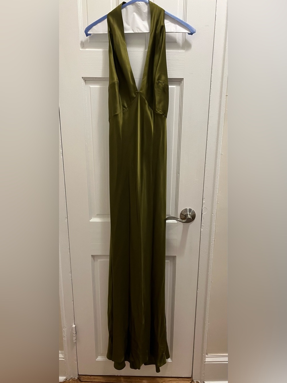 Reformation Daniela Silk Halter Maxi Dress in Pear Satin Evening Gown 6 - Picture 9 of 16